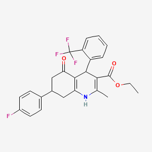 molecular formula C26H23F4NO3 B3127422 ethyl 7-(4-fluorophenyl)-2-methyl-5-oxo-4-[2-(trifluoromethyl)phenyl]-4,6,7,8-tetrahydro-1H-quinoline-3-carboxylate CAS No. 338414-99-6