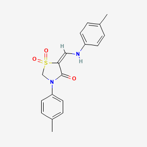 molecular formula C18H18N2O3S B3127878 3-(4-Methylphenyl)-5-(4-toluidinomethylene)-1lambda~6~,3-thiazolane-1,1,4-trione CAS No. 338753-42-7
