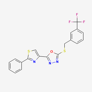 molecular formula C19H12F3N3OS2 B3127969 2-(2-Phenyl-1,3-thiazol-4-yl)-5-[[3-(trifluoromethyl)phenyl]methylsulfanyl]-1,3,4-oxadiazole CAS No. 338760-64-8