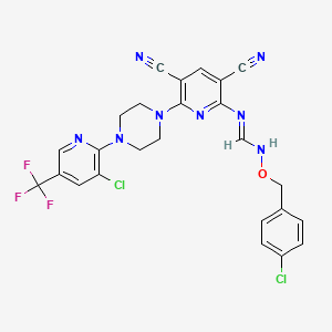 molecular formula C25H19Cl2F3N8O B3128326 N-[(4-chlorophenyl)methoxy]-N'-[6-[4-[3-chloro-5-(trifluoromethyl)pyridin-2-yl]piperazin-1-yl]-3,5-dicyanopyridin-2-yl]methanimidamide CAS No. 338795-00-9