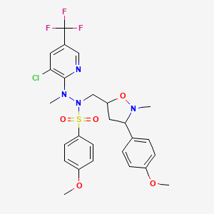 molecular formula C26H28ClF3N4O5S B3128378 N'-[3-chloro-5-(trifluoromethyl)-2-pyridinyl]-4-methoxy-N-{[3-(4-methoxyphenyl)-2-methyltetrahydro-5-isoxazolyl]methyl}-N'-methylbenzenesulfonohydrazide CAS No. 338956-30-2