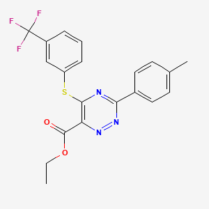 molecular formula C20H16F3N3O2S B3128637 Ethyl 3-(4-methylphenyl)-5-{[3-(trifluoromethyl)phenyl]sulfanyl}-1,2,4-triazine-6-carboxylate CAS No. 338965-81-4