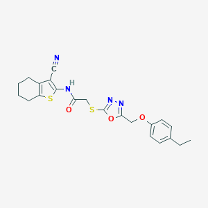 molecular formula C22H22N4O3S2 B312900 N-(3-cyano-4,5,6,7-tetrahydro-1-benzothien-2-yl)-2-({5-[(4-ethylphenoxy)methyl]-1,3,4-oxadiazol-2-yl}sulfanyl)acetamide 