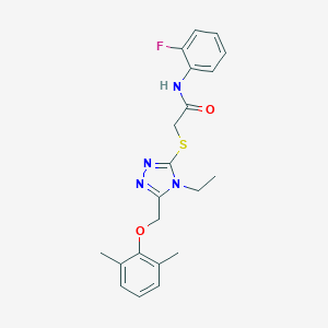 molecular formula C21H23FN4O2S B312904 2-({5-[(2,6-dimethylphenoxy)methyl]-4-ethyl-4H-1,2,4-triazol-3-yl}sulfanyl)-N-(2-fluorophenyl)acetamide 