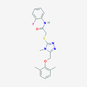molecular formula C20H21FN4O2S B312905 2-({5-[(2,6-dimethylphenoxy)methyl]-4-methyl-4H-1,2,4-triazol-3-yl}sulfanyl)-N-(2-fluorophenyl)acetamide 