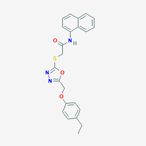 molecular formula C23H21N3O3S B312914 2-({5-[(4-ethylphenoxy)methyl]-1,3,4-oxadiazol-2-yl}sulfanyl)-N-(1-naphthyl)acetamide 
