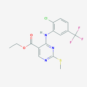 molecular formula C15H13ClF3N3O2S B3129243 Ethyl 4-[2-chloro-5-(trifluoromethyl)anilino]-2-(methylsulfanyl)-5-pyrimidinecarboxylate CAS No. 339019-46-4