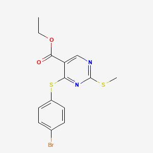 molecular formula C14H13BrN2O2S2 B3129247 Ethyl 4-[(4-bromophenyl)sulfanyl]-2-(methylsulfanyl)-5-pyrimidinecarboxylate CAS No. 339019-48-6