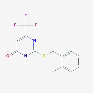 molecular formula C14H13F3N2OS B3129528 3-Methyl-2-((2-methylbenzyl)sulfanyl)-6-(trifluoromethyl)-4(3H)-pyrimidinone CAS No. 339101-63-2