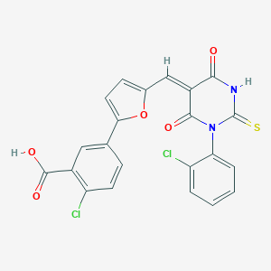 molecular formula C22H12Cl2N2O5S B312956 2-chloro-5-(5-{(Z)-[1-(2-chlorophenyl)-4,6-dioxo-2-thioxotetrahydropyrimidin-5(2H)-ylidene]methyl}furan-2-yl)benzoic acid 