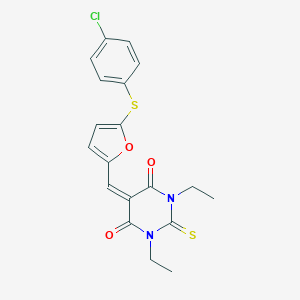 molecular formula C19H17ClN2O3S2 B312967 5-({5-[(4-chlorophenyl)sulfanyl]furan-2-yl}methylidene)-1,3-diethyl-2-thioxodihydropyrimidine-4,6(1H,5H)-dione 