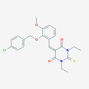 molecular formula C23H23ClN2O4S B312982 5-{2-[(4-chlorobenzyl)oxy]-3-methoxybenzylidene}-1,3-diethyl-2-thioxodihydro-4,6(1H,5H)-pyrimidinedione 