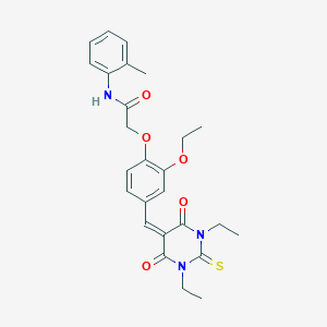 molecular formula C26H29N3O5S B312983 2-{4-[(1,3-diethyl-4,6-dioxo-2-thioxotetrahydro-5(2H)-pyrimidinylidene)methyl]-2-ethoxyphenoxy}-N-(2-methylphenyl)acetamide 