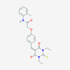 molecular formula C24H25N3O4S B312984 2-{4-[(1,3-diethyl-4,6-dioxo-2-thioxotetrahydro-5(2H)-pyrimidinylidene)methyl]phenoxy}-N-(2-methylphenyl)acetamide 
