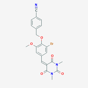 molecular formula C22H18BrN3O5 B312987 4-({2-bromo-4-[(1,3-dimethyl-2,4,6-trioxotetrahydro-5(2H)-pyrimidinylidene)methyl]-6-methoxyphenoxy}methyl)benzonitrile 