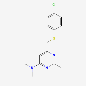 molecular formula C14H16ClN3S B3129972 N-(6-{[(4-chlorophenyl)sulfanyl]methyl}-2-methyl-4-pyrimidinyl)-N,N-dimethylamine CAS No. 339278-69-2