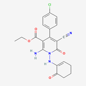 molecular formula C21H19ClN4O4 B3130187 Ethyl 2-amino-4-(4-chlorophenyl)-5-cyano-6-oxo-1-[(6-oxocyclohexen-1-yl)amino]pyridine-3-carboxylate CAS No. 341965-82-0