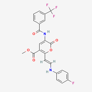 molecular formula C23H16F4N2O5 B3130201 methyl 2-[(E)-2-(4-fluoroanilino)ethenyl]-6-oxo-5-[[3-(trifluoromethyl)benzoyl]amino]pyran-3-carboxylate CAS No. 341966-30-1