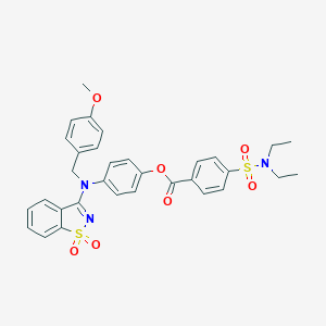 molecular formula C32H31N3O7S2 B313021 4-[(1,1-Dioxido-1,2-benzisothiazol-3-yl)(4-methoxybenzyl)amino]phenyl 4-[(diethylamino)sulfonyl]benzoate 