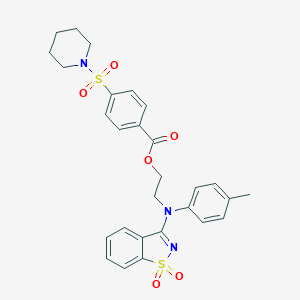 molecular formula C28H29N3O6S2 B313022 2-[(1,1-Dioxido-1,2-benzisothiazol-3-yl)-4-methylanilino]ethyl 4-(1-piperidinylsulfonyl)benzoate 