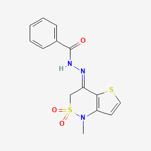 molecular formula C14H13N3O3S2 B3130271 N-[(E)-(1-methyl-2,2-dioxothieno[3,2-c]thiazin-4-ylidene)amino]benzamide CAS No. 341968-10-3