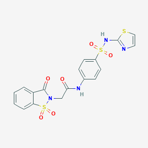 molecular formula C18H14N4O6S3 B313032 2-(1,1-dioxido-3-oxo-1,2-benzisothiazol-2(3H)-yl)-N-{4-[(1,3-thiazol-2-ylamino)sulfonyl]phenyl}acetamide 