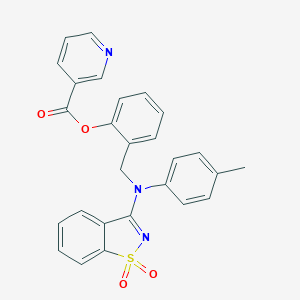 molecular formula C27H21N3O4S B313036 2-{[(1,1-Dioxido-1,2-benzisothiazol-3-yl)-4-methylanilino]methyl}phenyl nicotinate 