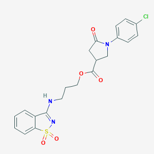 molecular formula C21H20ClN3O5S B313038 3-[(1,1-dioxo-1,2-benzothiazol-3-yl)amino]propyl 1-(4-chlorophenyl)-5-oxopyrrolidine-3-carboxylate 