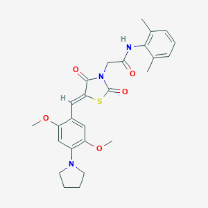 molecular formula C26H29N3O5S B313064 2-{5-[2,5-dimethoxy-4-(1-pyrrolidinyl)benzylidene]-2,4-dioxo-1,3-thiazolidin-3-yl}-N-(2,6-dimethylphenyl)acetamide 