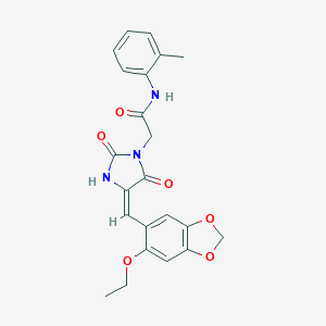 molecular formula C22H21N3O6 B313070 2-{(4E)-4-[(6-ethoxy-1,3-benzodioxol-5-yl)methylidene]-2,5-dioxoimidazolidin-1-yl}-N-(2-methylphenyl)acetamide 