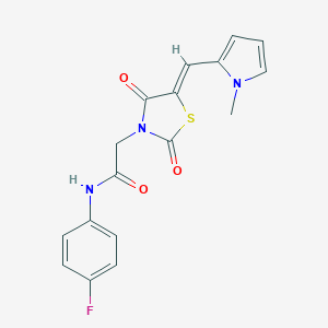 molecular formula C17H14FN3O3S B313082 N-(4-fluorophenyl)-2-{5-[(1-methyl-1H-pyrrol-2-yl)methylene]-2,4-dioxo-1,3-thiazolidin-3-yl}acetamide 