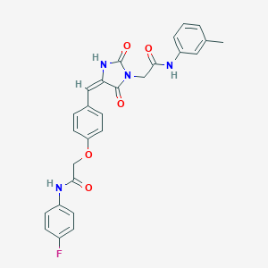 molecular formula C27H23FN4O5 B313100 2-[(4E)-4-(4-{2-[(4-fluorophenyl)amino]-2-oxoethoxy}benzylidene)-2,5-dioxoimidazolidin-1-yl]-N-(3-methylphenyl)acetamide 
