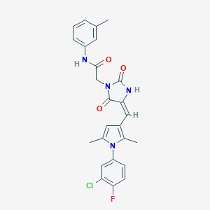molecular formula C25H22ClFN4O3 B313110 2-(4-{[1-(3-chloro-4-fluorophenyl)-2,5-dimethyl-1H-pyrrol-3-yl]methylene}-2,5-dioxo-1-imidazolidinyl)-N-(3-methylphenyl)acetamide 