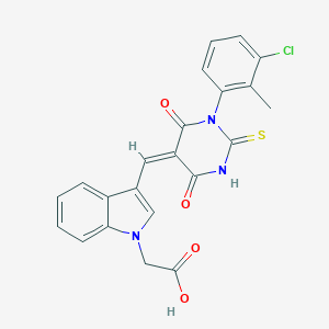 molecular formula C22H16ClN3O4S B313123 (3-{(E)-[1-(3-chloro-2-methylphenyl)-4,6-dioxo-2-thioxotetrahydropyrimidin-5(2H)-ylidene]methyl}-1H-indol-1-yl)acetic acid 