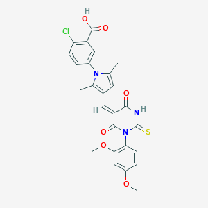 molecular formula C26H22ClN3O6S B313124 2-chloro-5-(3-{(E)-[1-(2,4-dimethoxyphenyl)-4,6-dioxo-2-thioxotetrahydropyrimidin-5(2H)-ylidene]methyl}-2,5-dimethyl-1H-pyrrol-1-yl)benzoic acid 