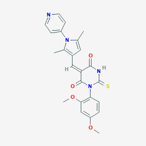 molecular formula C24H22N4O4S B313125 (5E)-1-(2,4-dimethoxyphenyl)-5-{[2,5-dimethyl-1-(pyridin-4-yl)-1H-pyrrol-3-yl]methylidene}-2-thioxodihydropyrimidine-4,6(1H,5H)-dione 