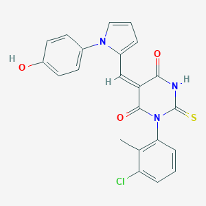 molecular formula C22H16ClN3O3S B313126 (5E)-1-(3-chloro-2-methylphenyl)-5-{[1-(4-hydroxyphenyl)-1H-pyrrol-2-yl]methylidene}-2-thioxodihydropyrimidine-4,6(1H,5H)-dione 