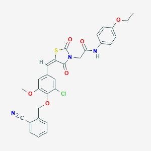 molecular formula C29H24ClN3O6S B313170 2-[(5E)-5-{3-chloro-4-[(2-cyanobenzyl)oxy]-5-methoxybenzylidene}-2,4-dioxo-1,3-thiazolidin-3-yl]-N-(4-ethoxyphenyl)acetamide 