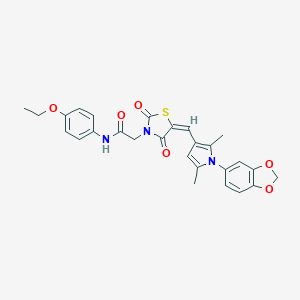 molecular formula C27H25N3O6S B313182 2-(5-{[1-(1,3-benzodioxol-5-yl)-2,5-dimethyl-1H-pyrrol-3-yl]methylene}-2,4-dioxo-1,3-thiazolidin-3-yl)-N-(4-ethoxyphenyl)acetamide 