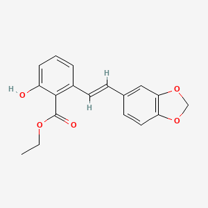 molecular formula C18H16O5 B3132282 2-(2-Benzo[1,3]dioxol-5-yl-vinyl)-6-hydroxy-benzoic acid ethyl ester CAS No. 365543-23-3