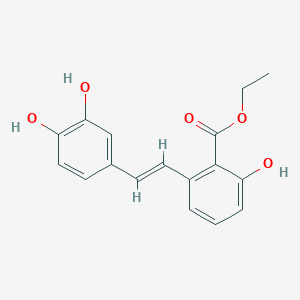 molecular formula C17H16O5 B3132288 2-[2-(3,4-Dihydroxy-phenyl)-vinyl]-6-hydroxy-benzoic acid ethyl ester CAS No. 365543-24-4