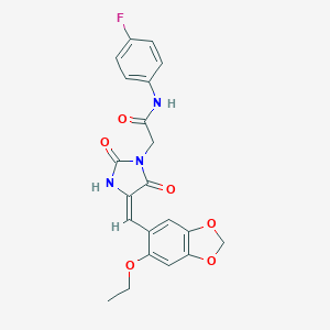 molecular formula C21H18FN3O6 B313237 2-{4-[(6-ethoxy-1,3-benzodioxol-5-yl)methylene]-2,5-dioxo-1-imidazolidinyl}-N-(4-fluorophenyl)acetamide 