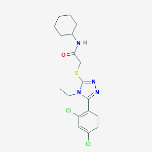 molecular formula C18H22Cl2N4OS B313259 N-cyclohexyl-2-{[5-(2,4-dichlorophenyl)-4-ethyl-4H-1,2,4-triazol-3-yl]sulfanyl}acetamide 
