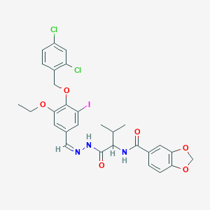 molecular formula C29H28Cl2IN3O6 B313290 N-{1-[(2-{4-[(2,4-dichlorobenzyl)oxy]-3-ethoxy-5-iodobenzylidene}hydrazino)carbonyl]-2-methylpropyl}-1,3-benzodioxole-5-carboxamide 