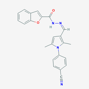 molecular formula C23H18N4O2 B313305 N'-{[1-(4-cyanophenyl)-2,5-dimethyl-1H-pyrrol-3-yl]methylene}-1-benzofuran-2-carbohydrazide 
