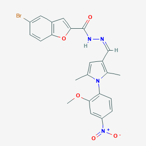 molecular formula C23H19BrN4O5 B313311 5-bromo-N'-[(1-{4-nitro-2-methoxyphenyl}-2,5-dimethyl-1H-pyrrol-3-yl)methylene]-1-benzofuran-2-carbohydrazide 