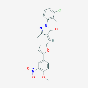 molecular formula C23H18ClN3O5 B313346 2-(3-chloro-2-methylphenyl)-4-[(5-{3-nitro-4-methoxyphenyl}-2-furyl)methylene]-5-methyl-2,4-dihydro-3H-pyrazol-3-one 