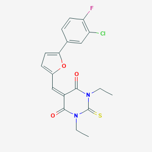 molecular formula C19H16ClFN2O3S B313356 5-{[5-(3-chloro-4-fluorophenyl)-2-furyl]methylene}-1,3-diethyl-2-thioxodihydro-4,6(1H,5H)-pyrimidinedione 