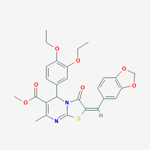 molecular formula C27H26N2O7S B313365 methyl 2-(1,3-benzodioxol-5-ylmethylene)-5-(3,4-diethoxyphenyl)-7-methyl-3-oxo-2,3-dihydro-5H-[1,3]thiazolo[3,2-a]pyrimidine-6-carboxylate 