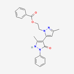 molecular formula C23H22N4O3 B3133908 4-(1-Phenyl-3-methyl-5-hydroxypyrazolo)-5-(1-(2-benzoyloxyethyl-3-methyl)pyrazole) CAS No. 400075-15-2